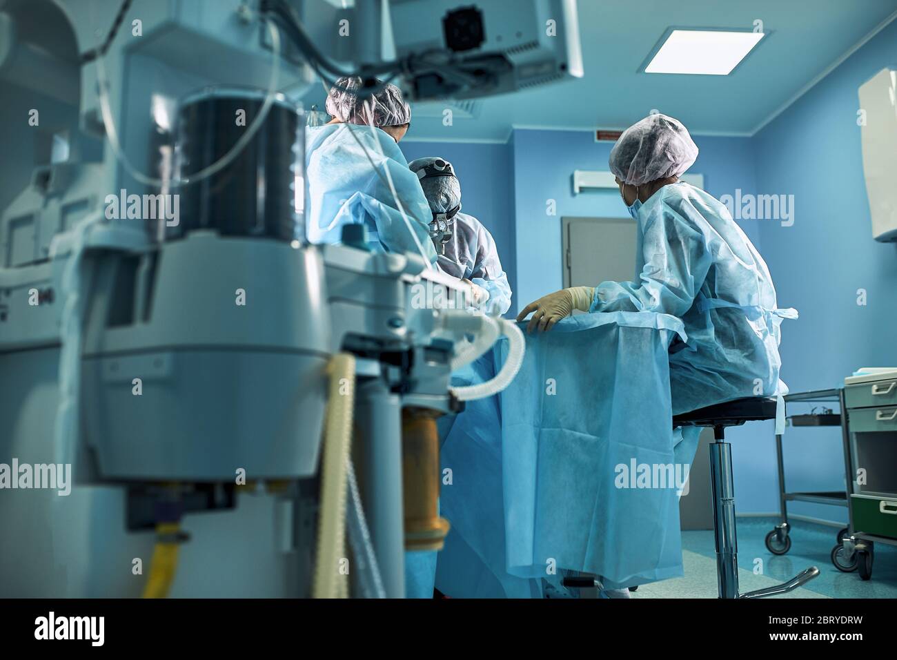 Hospital, surgical operating room. Life saving. Ventilation of the