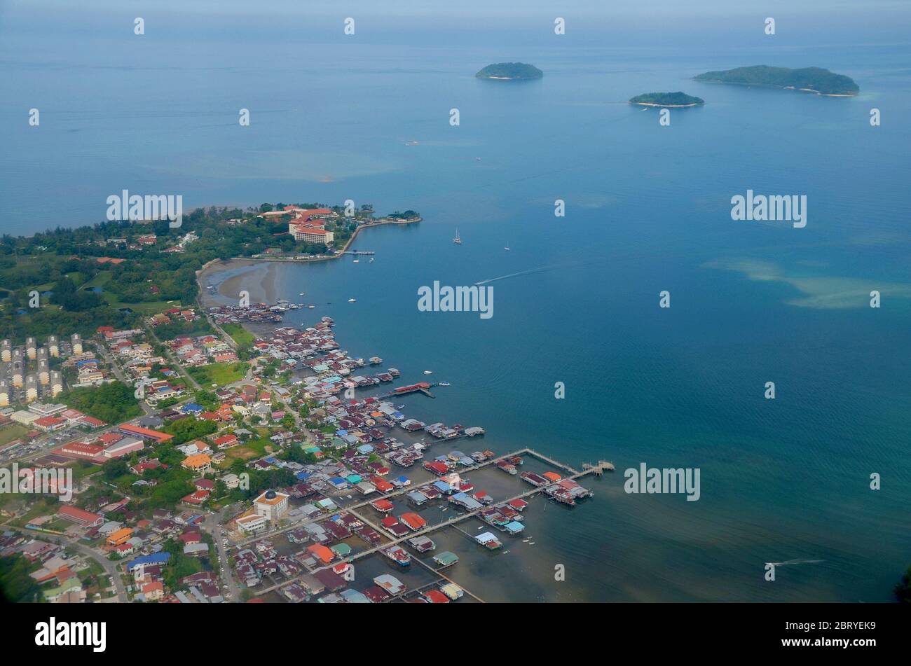 Aerial view of a traditional sea nomad village on the tropical island ...