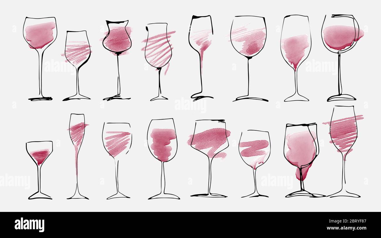 Watercolor and hand drawn sketch of wine glasses set with red wine. Wine glass collection isolated on white, art design. Stock Vector