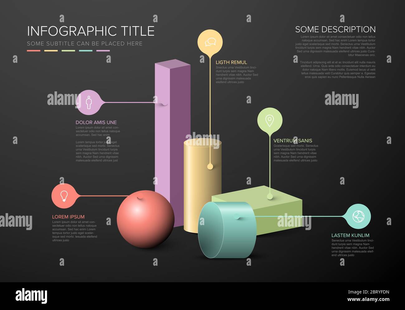 Vector dark multipurpose Infographic template with various color 3d shapes Stock Vector