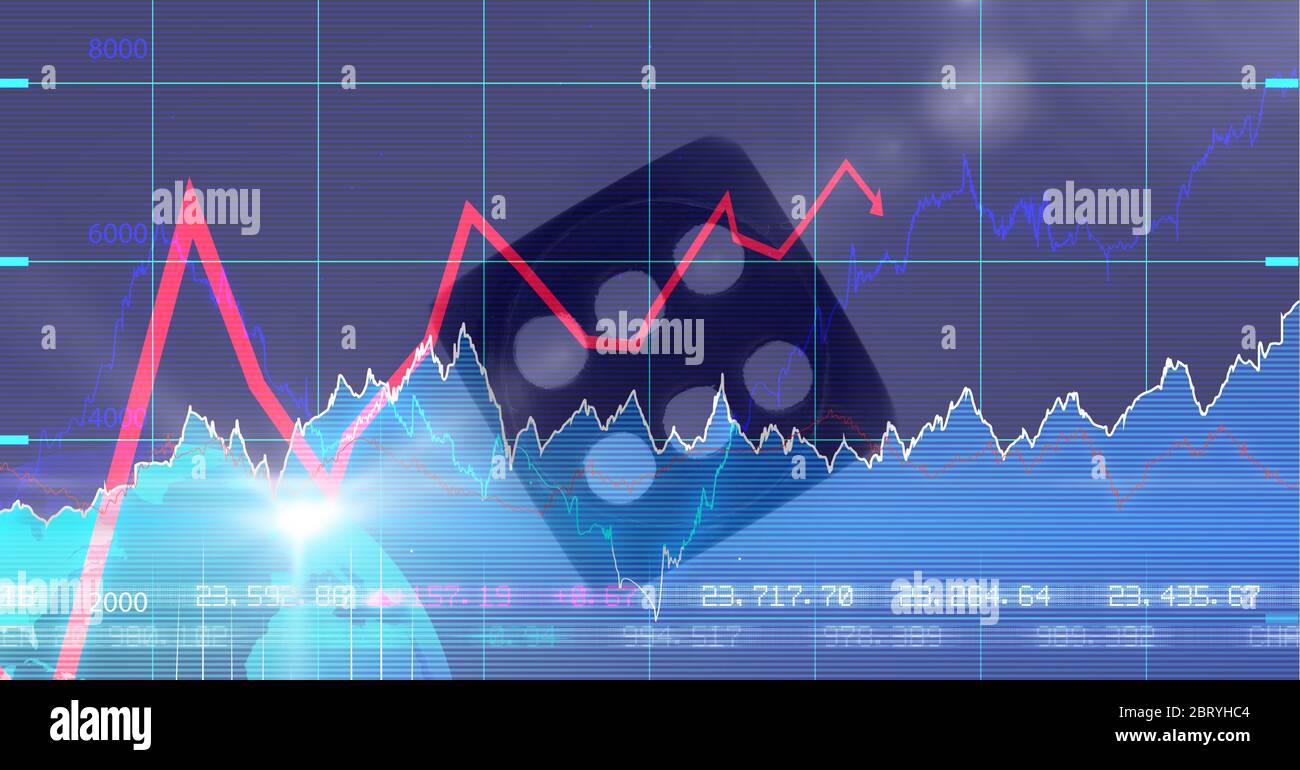 Digital illustration of a black dice over recordings and statistics Stock Photo