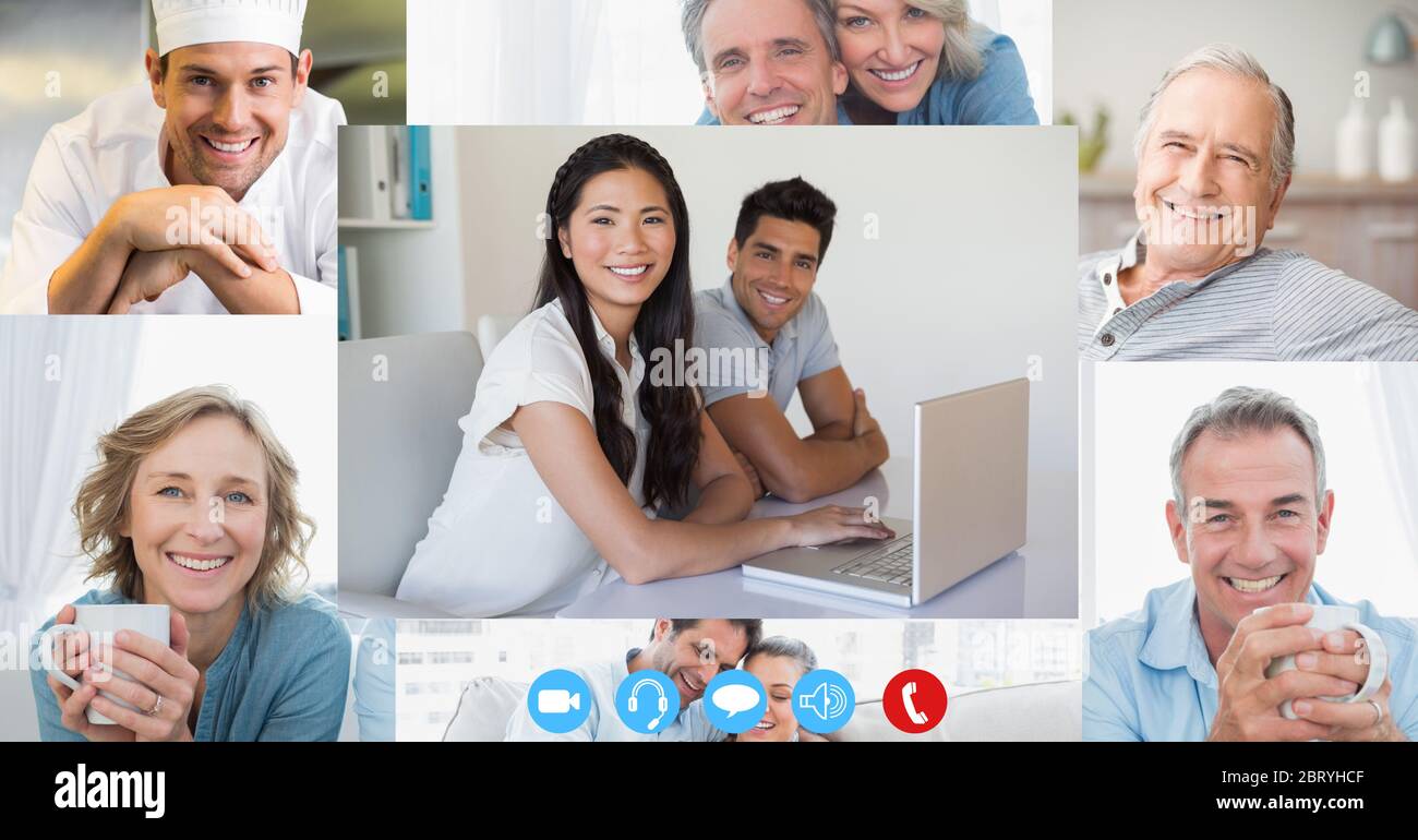 Divided computer screen showing multi ethnic coworkers working remotel Stock Photo