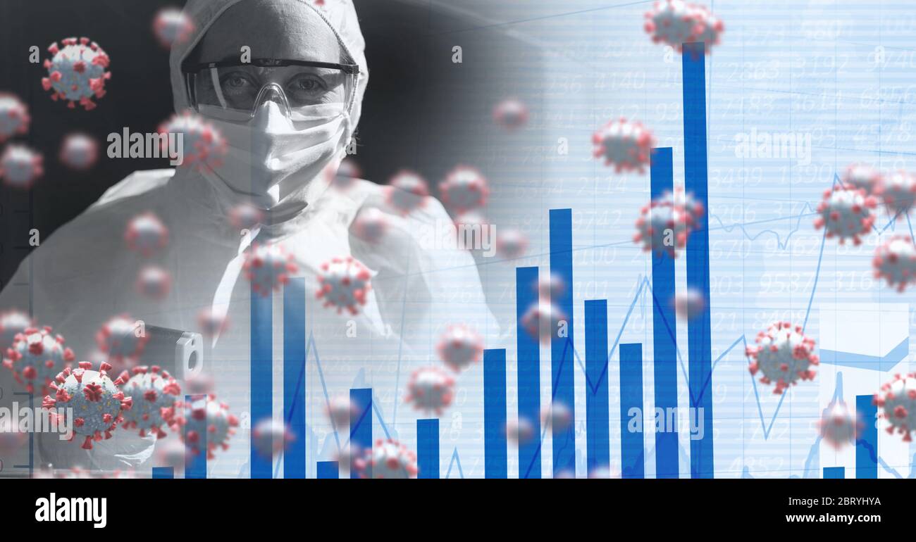 Healthcare worker wearing face mask over macro coronavirus covid19 cells spreading and blue graphs Stock Photo