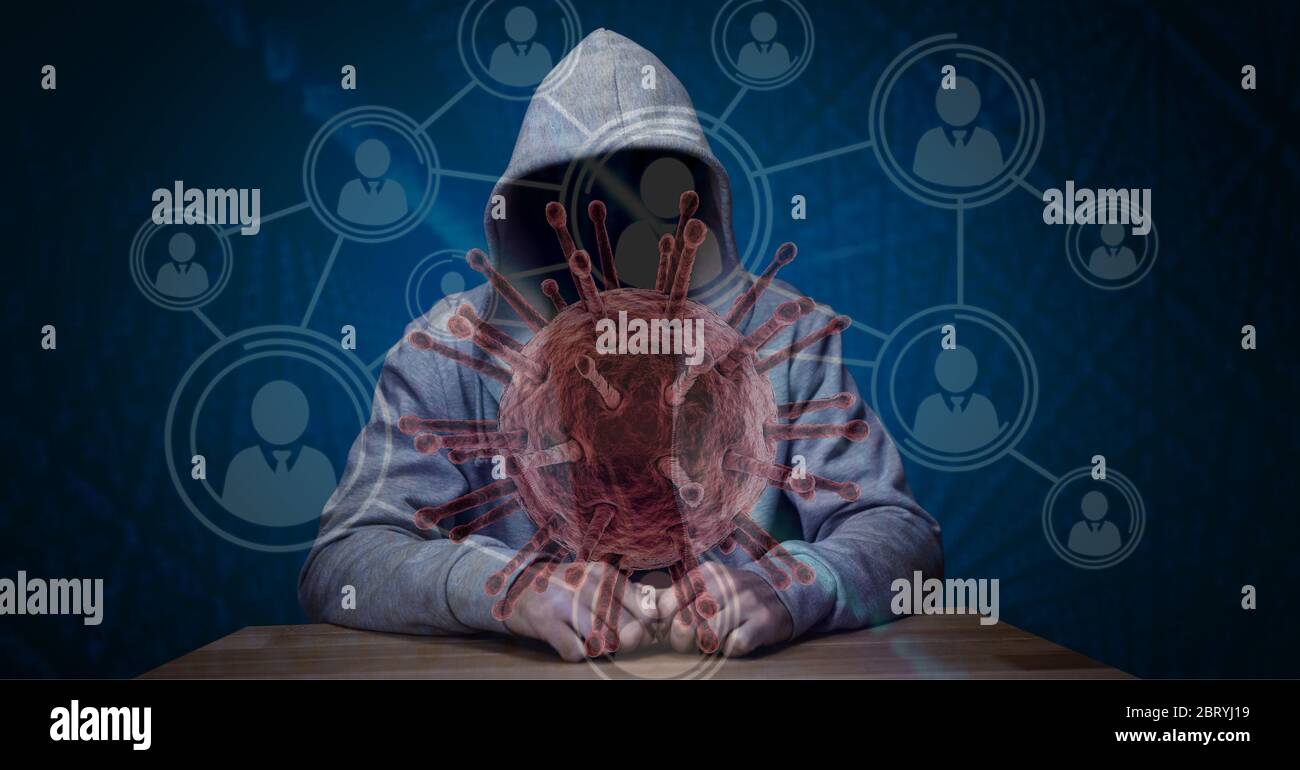 Hacker during pandemic with network of people icon and red coronavirus covid19 Stock Photo