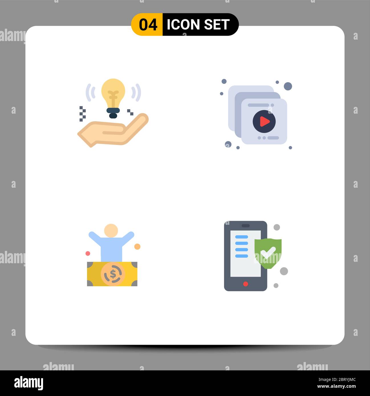 Modern Set of 4 Flat Icons and symbols such as business, millionaire, bulb, video, rich Editable Vector Design Elements Stock Vector