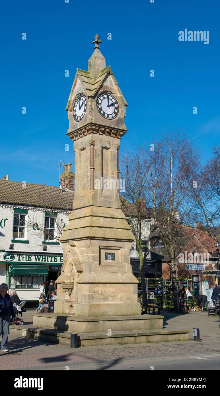 The historic Market Clock Tower at Market Place, Thirsk, North Yorkshire Stock Photo