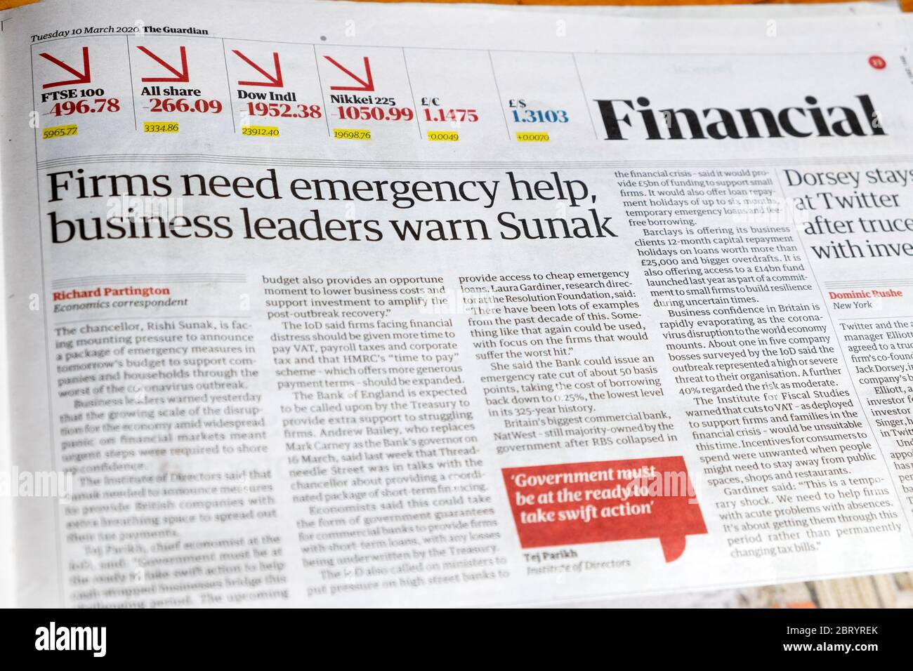 Guardian headline Financial Section 'Firms need emergency help business leaders warn Sunak' 10 March 2020 London England UK Stock Photo