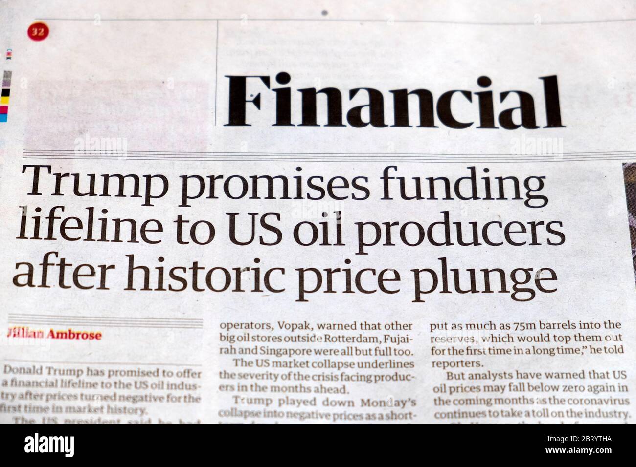 'Trump promises funding lifeline to US oil producers after historic price plunge' Financial newspaper headline in Guardian 21 April 2020 London UK Stock Photo