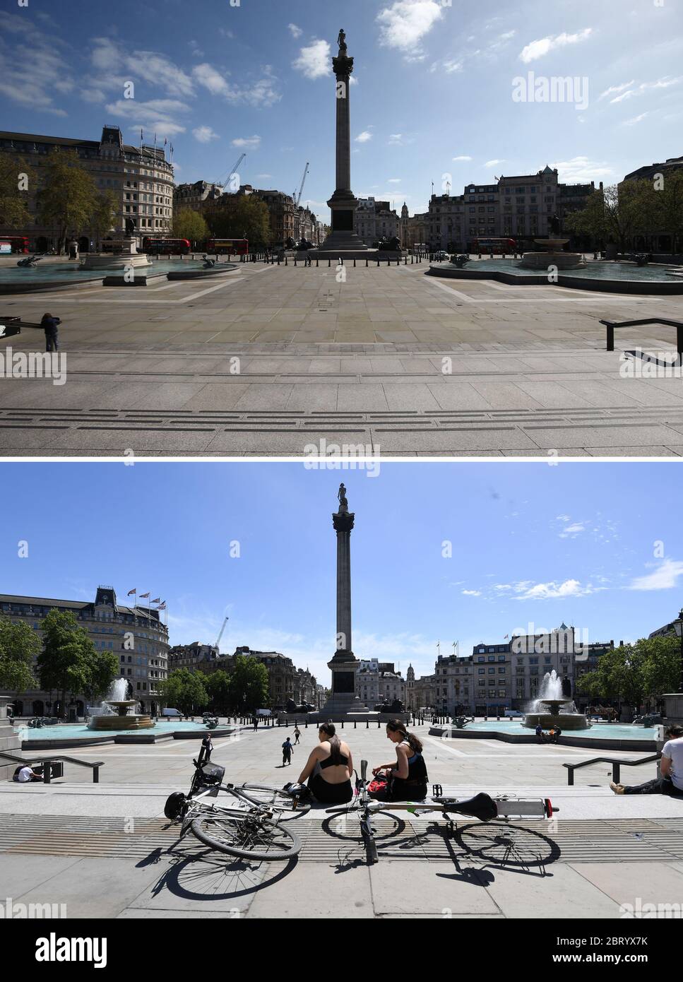 Composite photos of Trafalgar Square, London, on 13/04/20 (top), and today 22/05/20 (bottom), after the introduction of measures to bring the country out of lockdown. Stock Photo