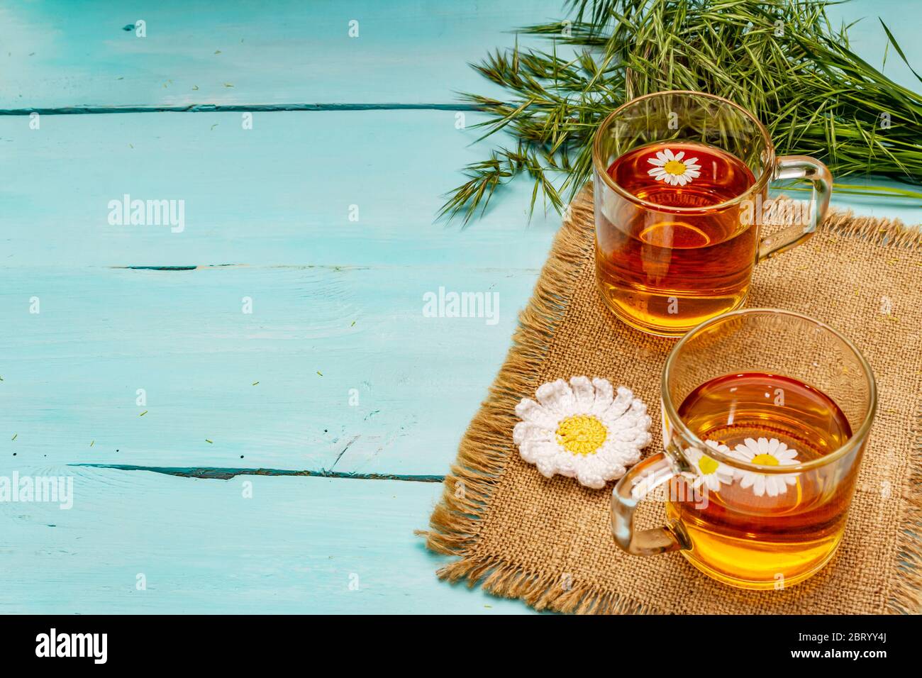 Chamomile tea. Fresh flowers, summer hot drink concept. Alternative medicine, lifestyle. Trendy turquoise wooden boards background, copy space Stock Photo
