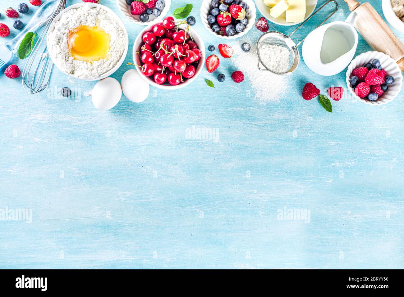 Berry cake baking recipe. Summer cooking baking background with ...