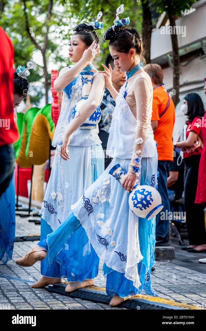 Chinese dancers and performers prepare for the Chinese New Year Show in Siam Sq, Bangkok City, Thailand. Stock Photo