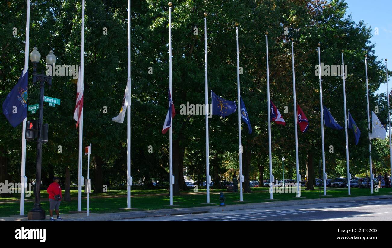 Flags at Half Staff Outside of Union Station in Washington DC in the