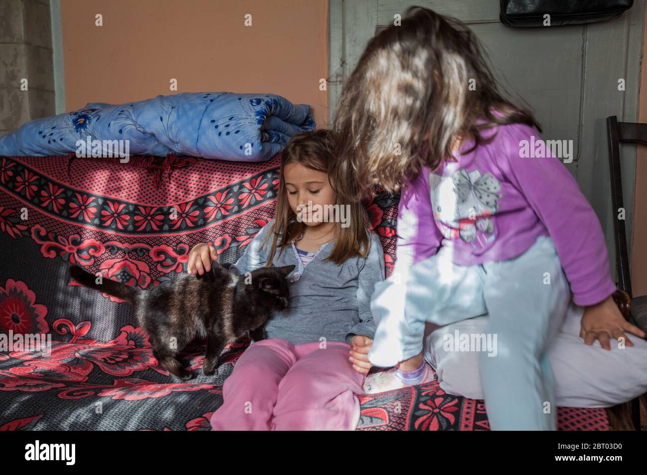 Little girls playing with black cat in the rural home. Stock Photo