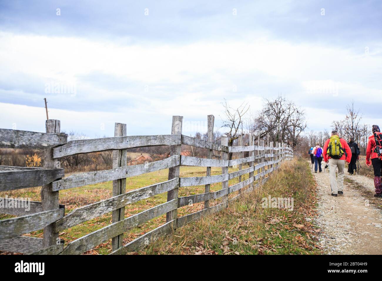 Hiking, Travel, Healthy Lifestyle. Group of active people with backpack walking on a rural road in autumn day. Stock Photo