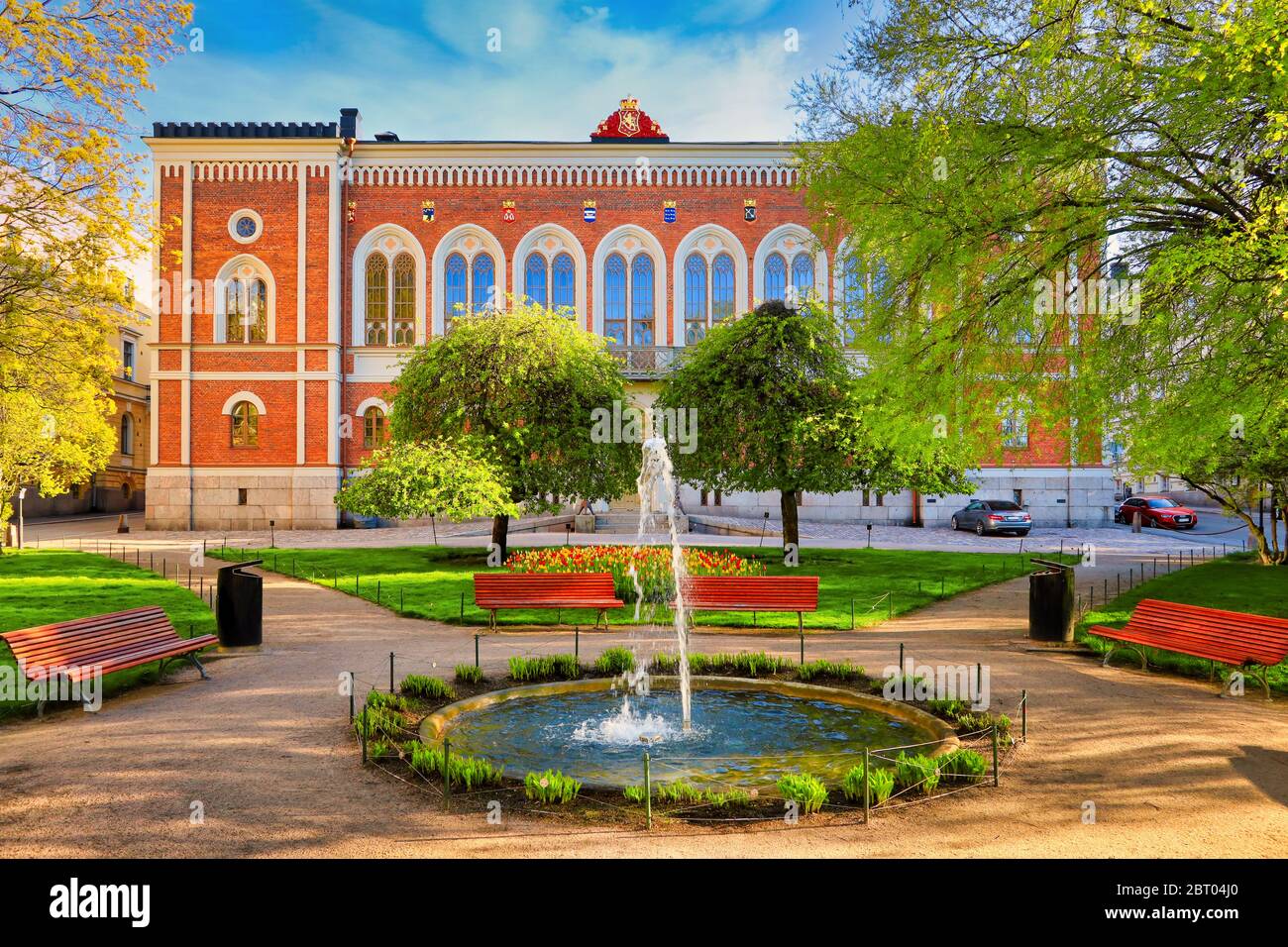 The Ritarihuone, The Finnish House of Nobility by architect G.T. Chiewitz, 1862, Neogothic style seen from park. Kruununhaka, Helsinki, Finland. 2020. Stock Photo