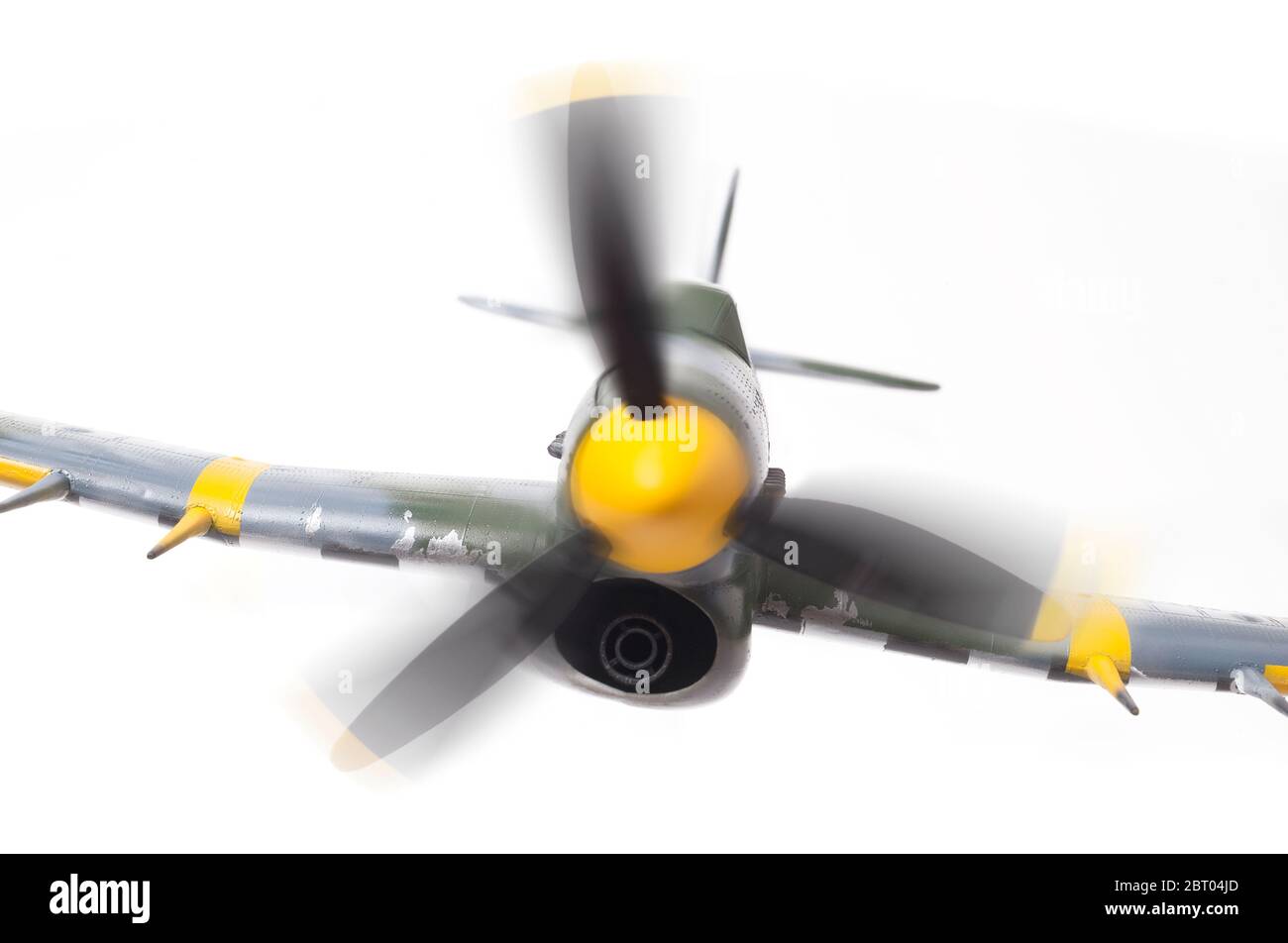 WWII RAF Typhoon aircraft scale model with blurred propellers, nose view Stock Photo