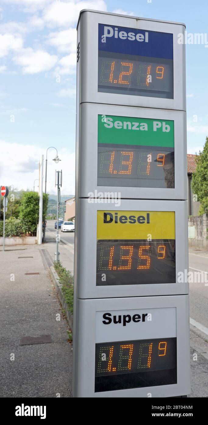 Sign with the prices of the various types of fuel petrol super diesel in Euro in the distributor