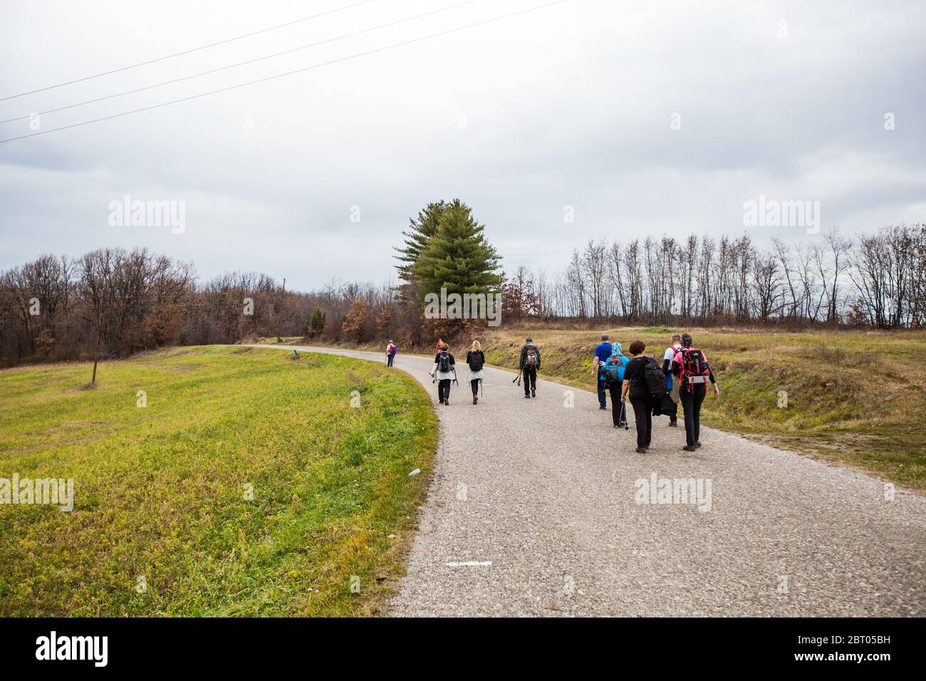 Hiking, Travel, Healthy Lifestyle. Group of active people with backpack walking on a rural road in autumn day. Stock Photo