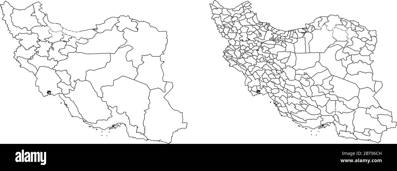 Two detailed vector maps of Iran administrative regions and areas in white color Stock Vector