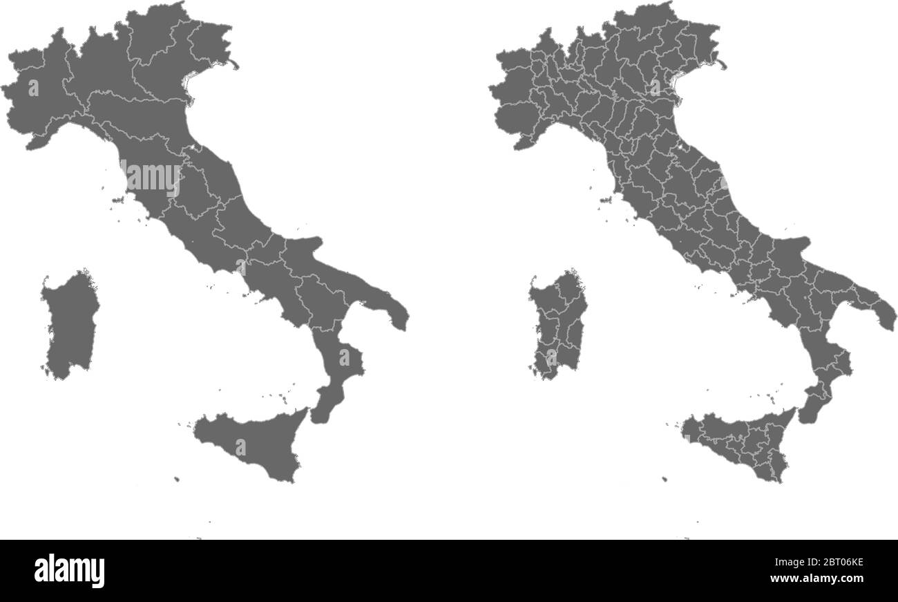 Two detailed vector maps of Italian regions and administrative areas in grey color Stock Vector
