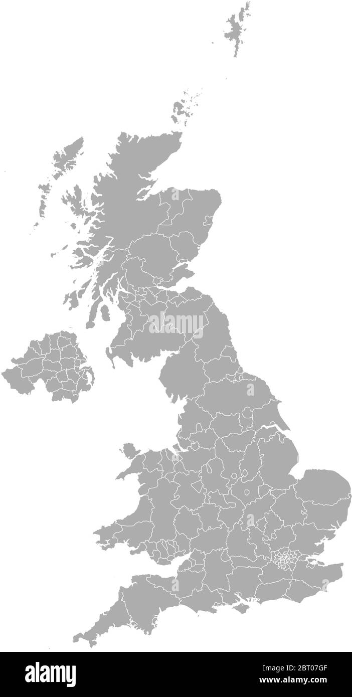 Detailed vector maps of the United Kingdom regions and administrative areas in grey color Stock Vector