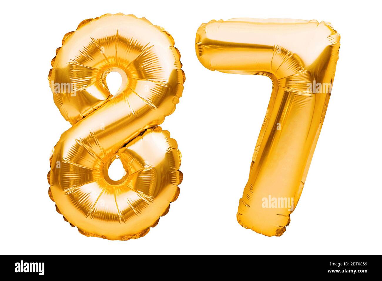 Number 87 eighty seven made of golden inflatable balloons isolated on