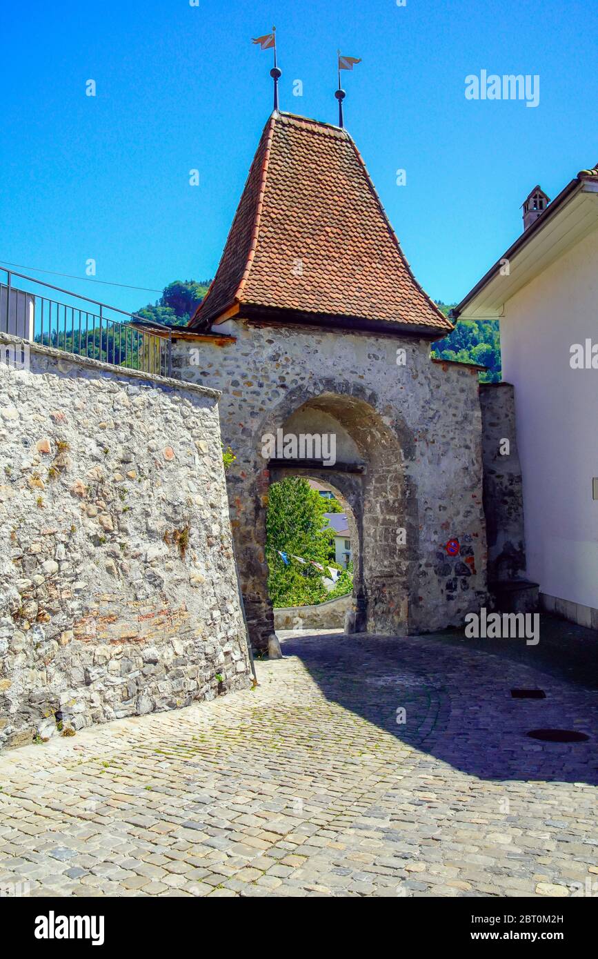 Gate to the medieval castle high above the old town of Thun was built in the 12th century. Bern canton, Switzerland. Stock Photo