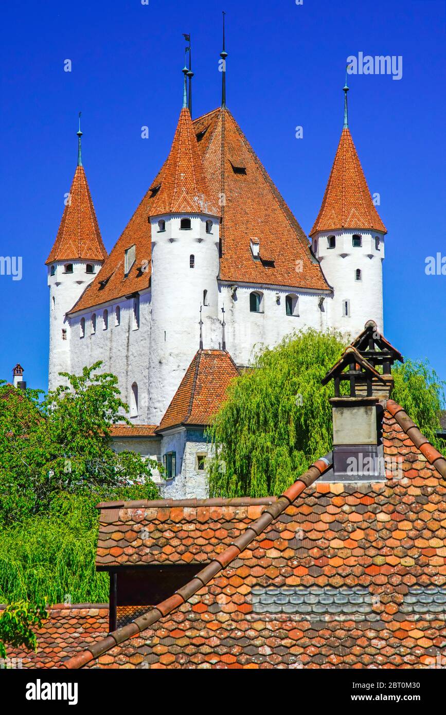 View of the medieval castle high above the old town of Thun was built in the 12th century. Bern canton, Switzerland. Stock Photo