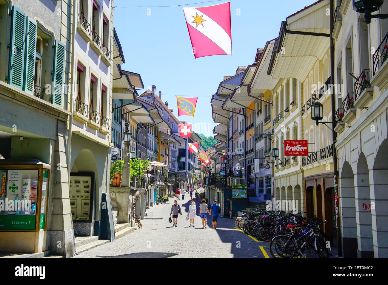 Colorful shopping street, Obere Hauptstrasse in Thun, Bern canton, Switzerland. Stock Photo