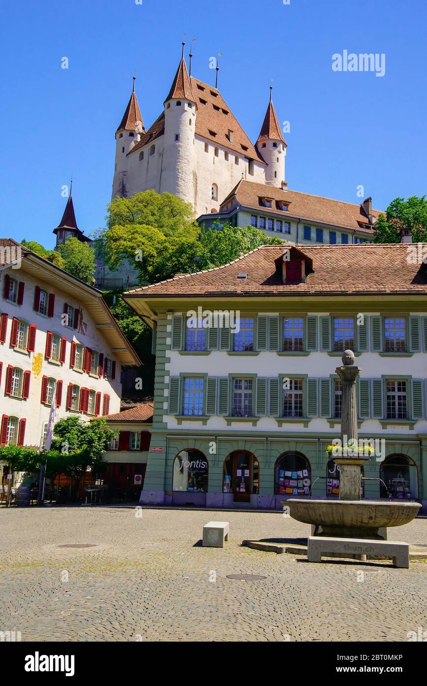 View of the medieval castle high above the old town of Thun was built in the 12th century. Bern canton, Switzerland. Stock Photo