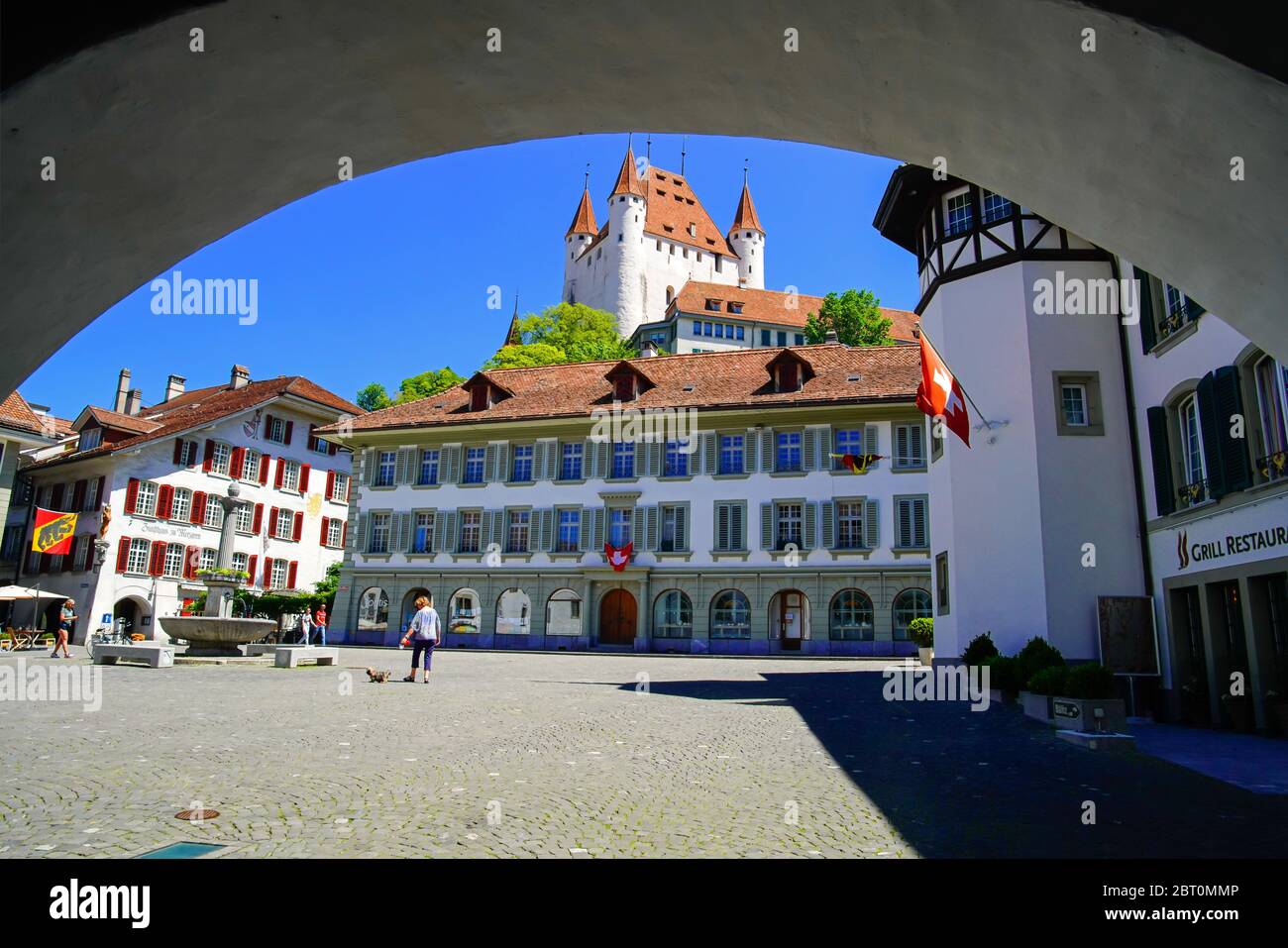 View of the medieval castle high above the old town of Thun was built in the 12th century. Bern canton, Switzerland. Stock Photo