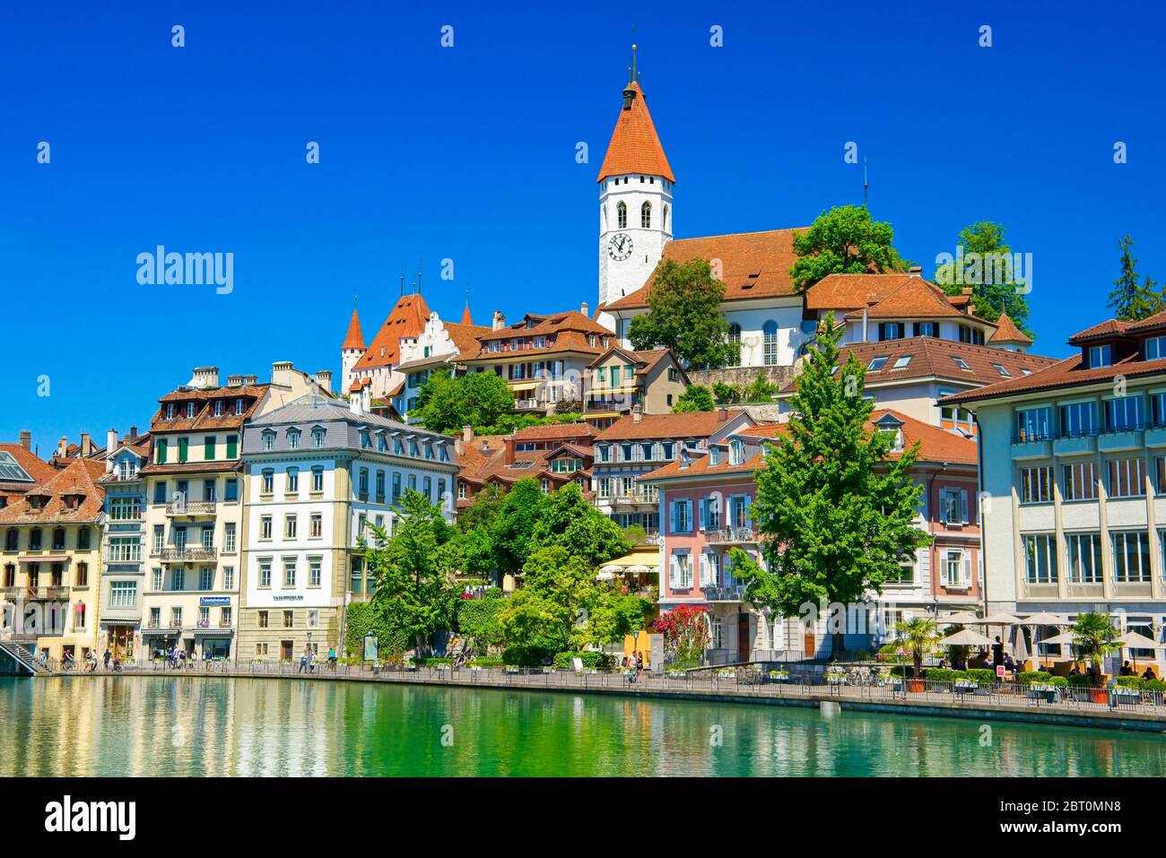 Panoramic view of Old Town Thun by Aarau river, Bern canton, Switzerland. Stock Photo