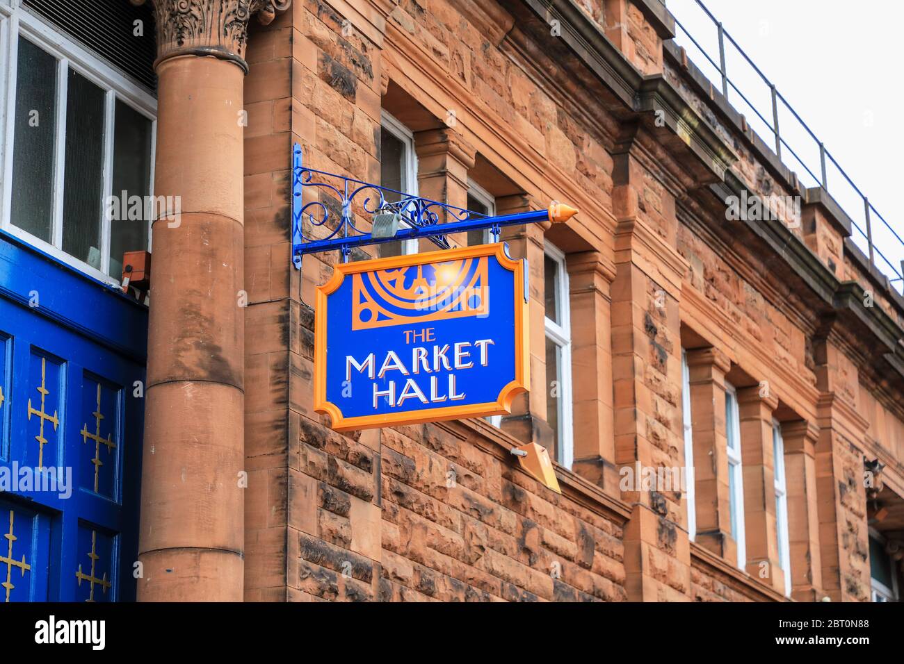 A sign for the Market Hall in Scotch Street in the town centre of Carlisle, Cumbria, England, UK Stock Photo