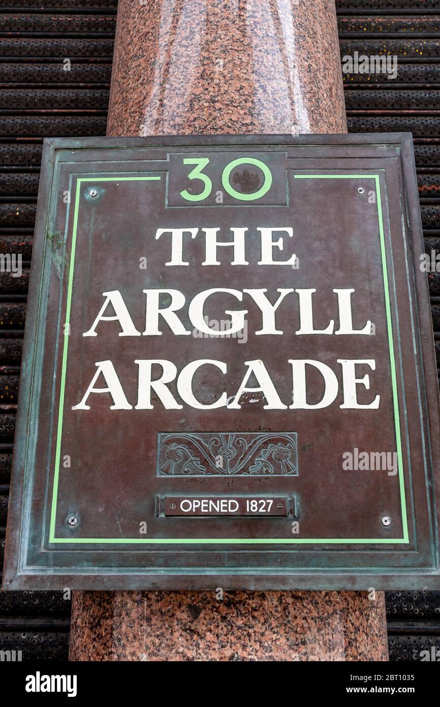 The sign at the entrance of The Argyll Arcade on Buchanan Street in Glasgow City Centre Stock Photo
