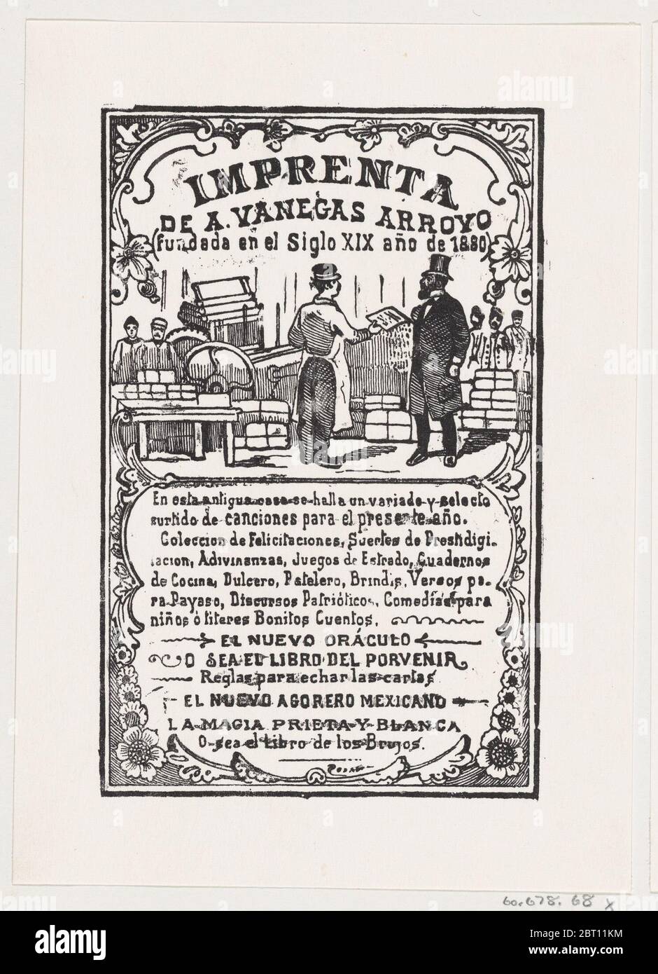 A print shop with a printer handing something to a gentleman, 'Imprenta de  A. Vanegas Arroyo,' published by Antonio Vanegas Arroyo, ca. 1880-1910  Stock Photo - Alamy