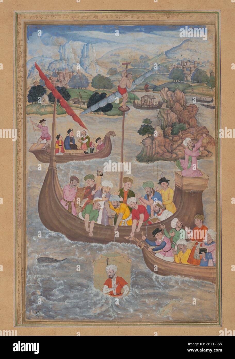 Alexander is Lowered into the Sea, Folio from a Khamsa (Quintet) of Amir Khusrau Dihlavi, 1597-98. Stock Photo