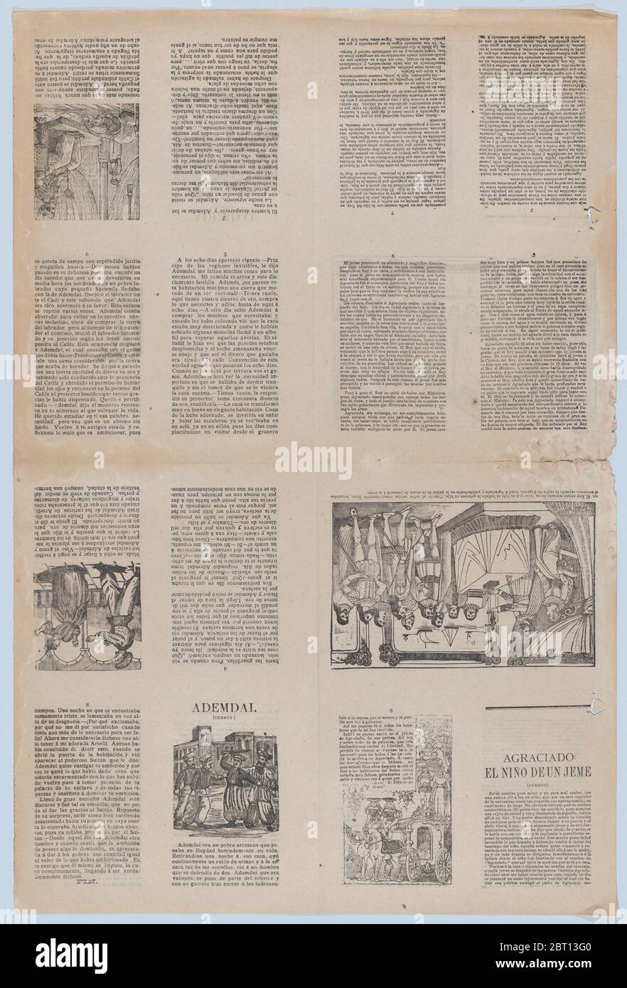 An uncut sheet printed on both sides with pages and illustrations: 'Ademdai' and 'Agraciado: El ni&#xf1;o de un jeme', ca. 1900-1910. Stock Photo
