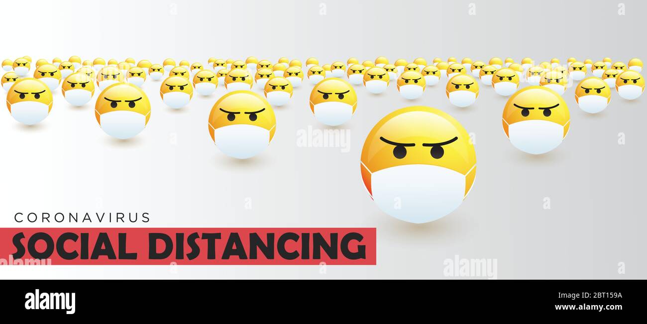 Social distancing concept for preventing coronavirus covid-19. emoticons wearing masks keeping a circular distance boundary.Keep distance in public. Stock Vector