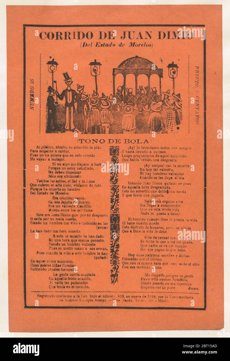 Broadsheet relating to the death of Juan Dimio, crowd of people gathered around a gazebo while a man wearing a top hat looks out toward viewer, 1918 (published). Stock Photo