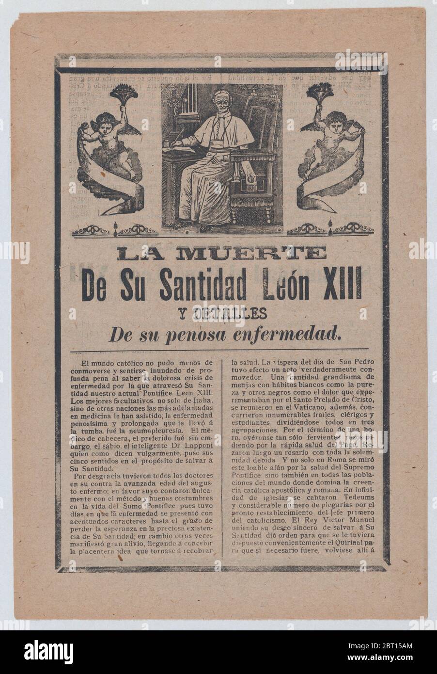 Broadsheet relating to the death of Pope Leo XIII, he is shown in his study flanked by angels, ca. 1900-1913. Stock Photo