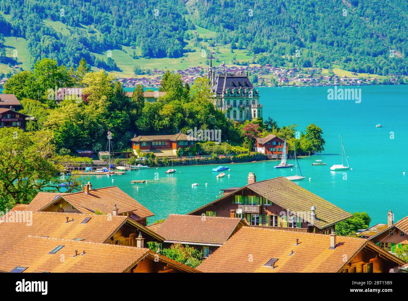 Aerial view of Iseltwald. Iseltwald is a village and municipality on ...