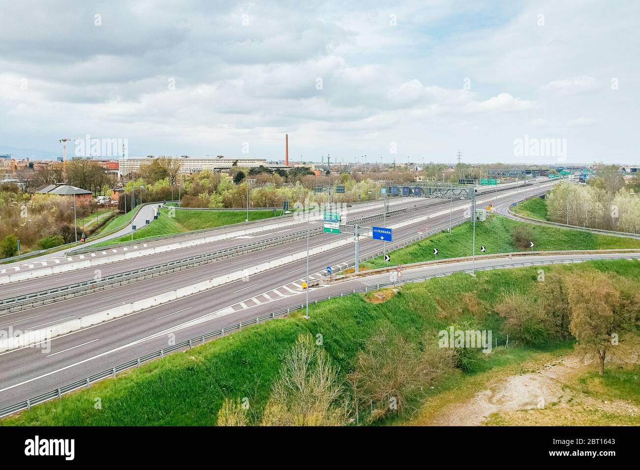 Bologna - Italy - March 22, 2020. Bologna in lockdown. Aerial view of highways and Bologna ring road empty due to the Coronavirus outbreak Stock Photo