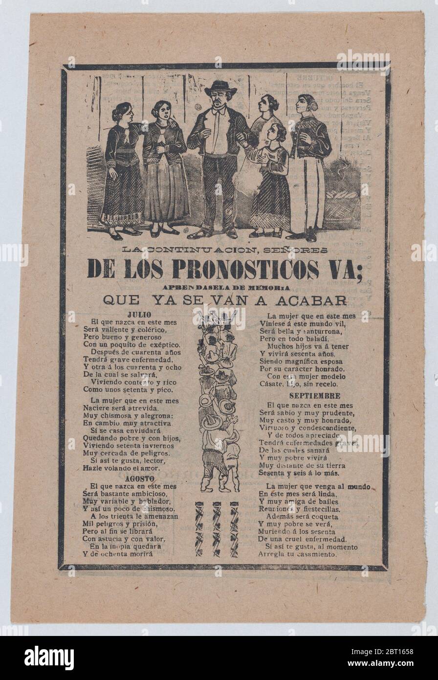 Broadsheet with monthly horoscopes; a group of women surrounding one man and a crowd of people raising their arms, 1903. Stock Photo