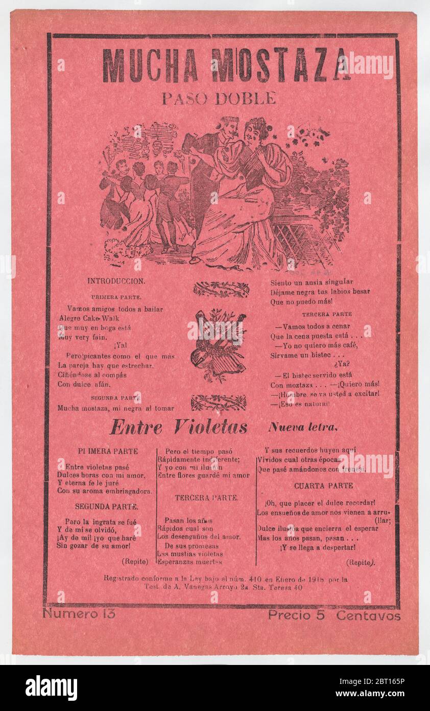 Broadsheet with songs for a two-step dance (paso doble), a man and woman talking while elegantly dressed couples dance in the background, ca. 1918 (published). Stock Photo