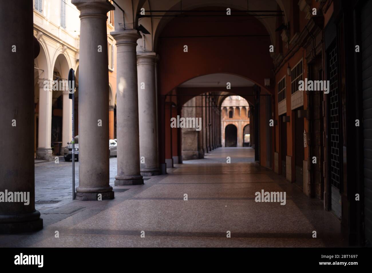 Bologna - Italy - April 3, 2020. Bologna in lockdown. Empty streets in the centre of Bologna due to the Coronavirus outbreak Stock Photo