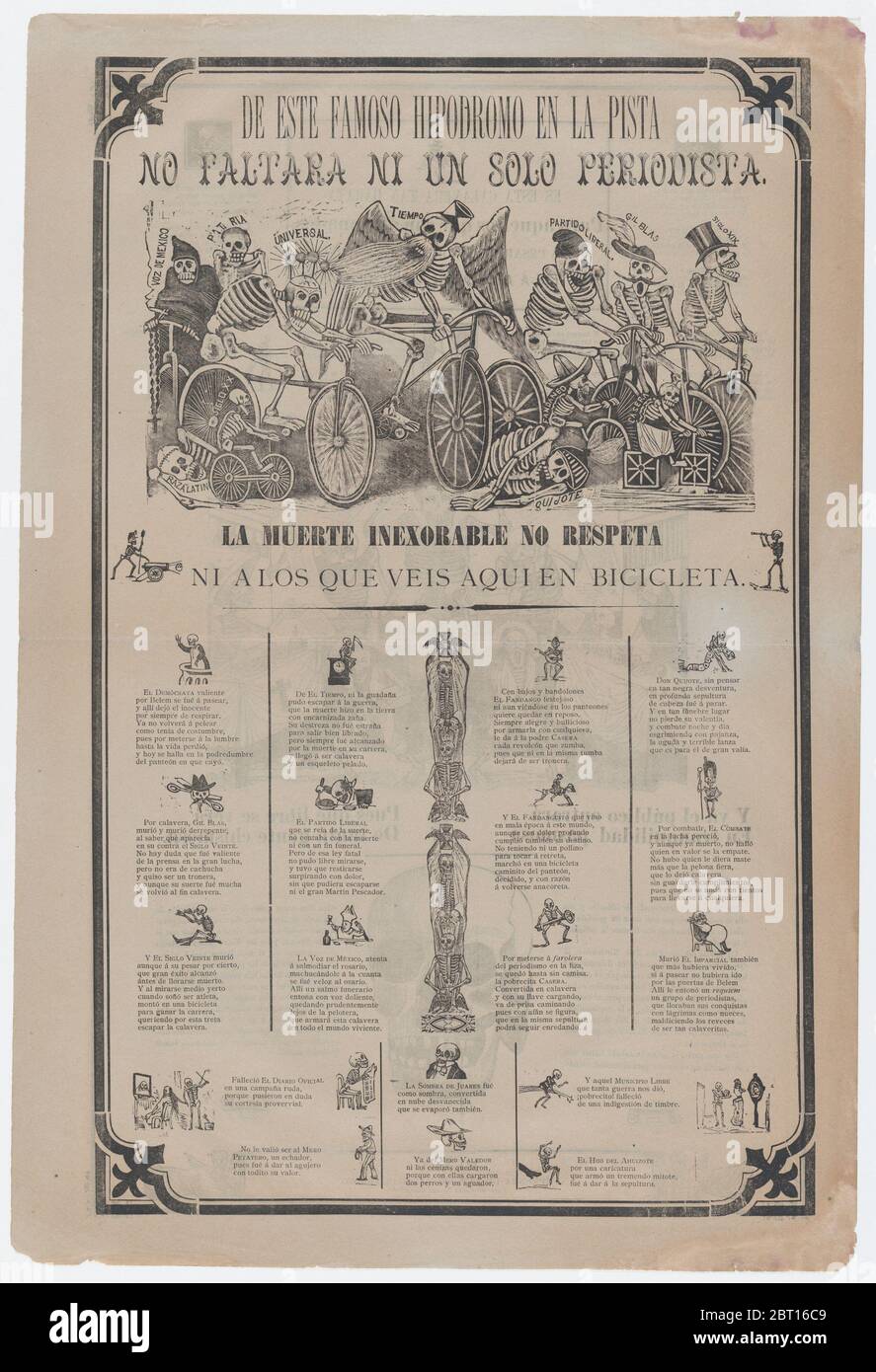 Broadsheet, on recto skeletons riding bicycles entitled 'From this famous hippodrome on the racetrack, not even a single journalist is missing. Death is inexorable and doesn't even respect those that you see here on bicycle'; on verso skeletons buying and selling printed images etc, ca. 1900. Stock Photo