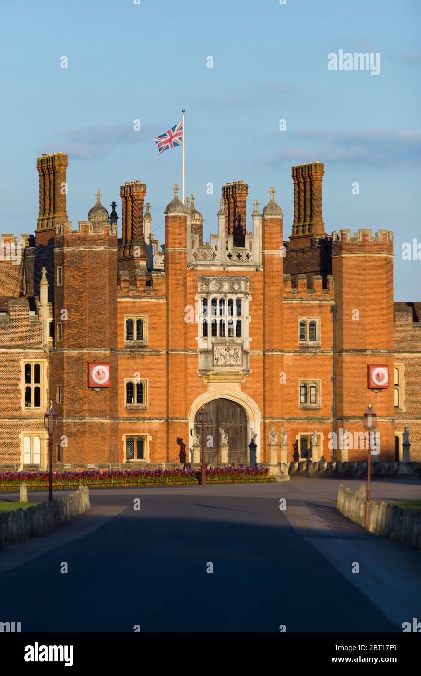 Hampton Court Palace Central Gatehouse, West Front, seen from the main entrance gate down the front drive to the Tudor brick historic palace. UK (119) Stock Photo