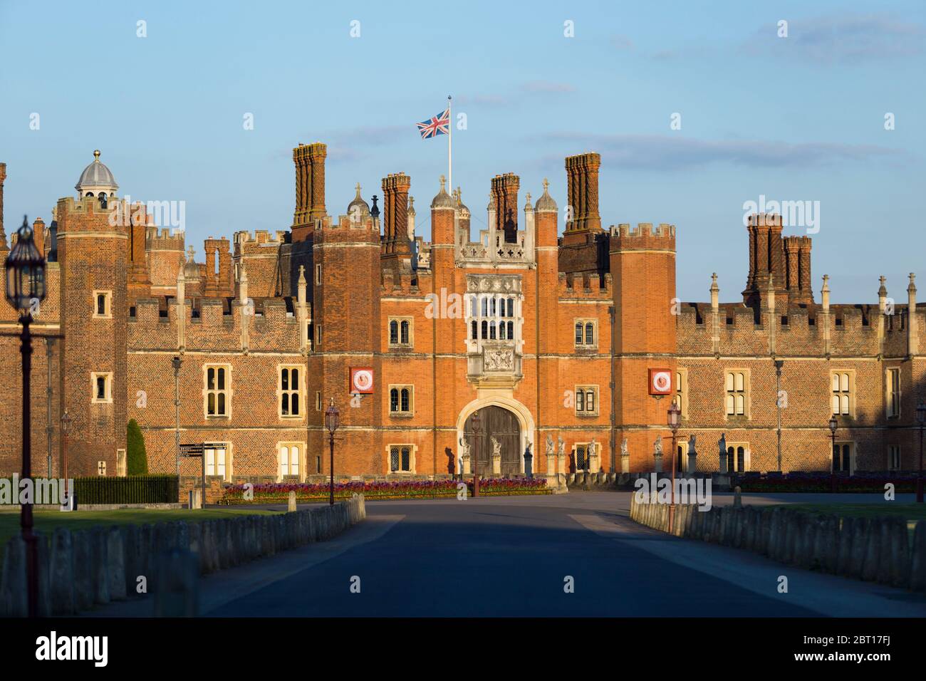 Hampton Court Palace Central Gatehouse, West Front, seen from the main entrance gate down the front drive to the Tudor brick historic palace. UK (119) Stock Photo
