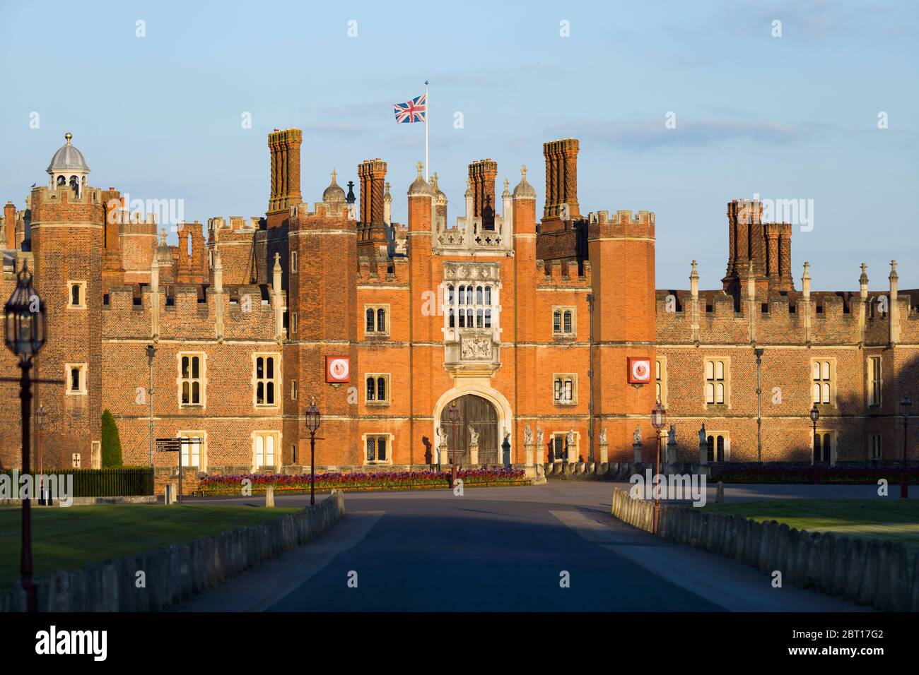 Hampton Court Palace Central Gatehouse, West Front, seen from the main entrance gate down the front drive to the Tudor brick historic palace. UK (119) Stock Photo